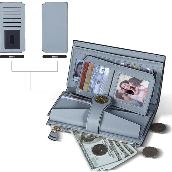 Leather. Stylish Blue Wallet with Gold Accent. Large capacity - Picture 7 of 8